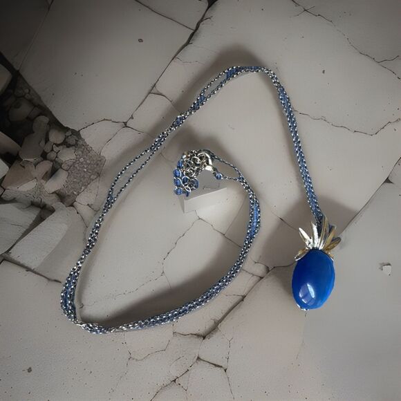 Jewelry - Vintage Blue Cat’s Eye Glass Pendant Necklace Silver Tone Sunburst Crown 17.5”